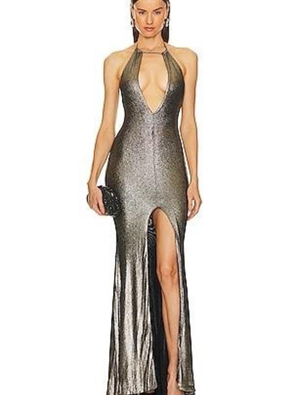 Michael Costello Metallic Silver Halter Plunge Gown